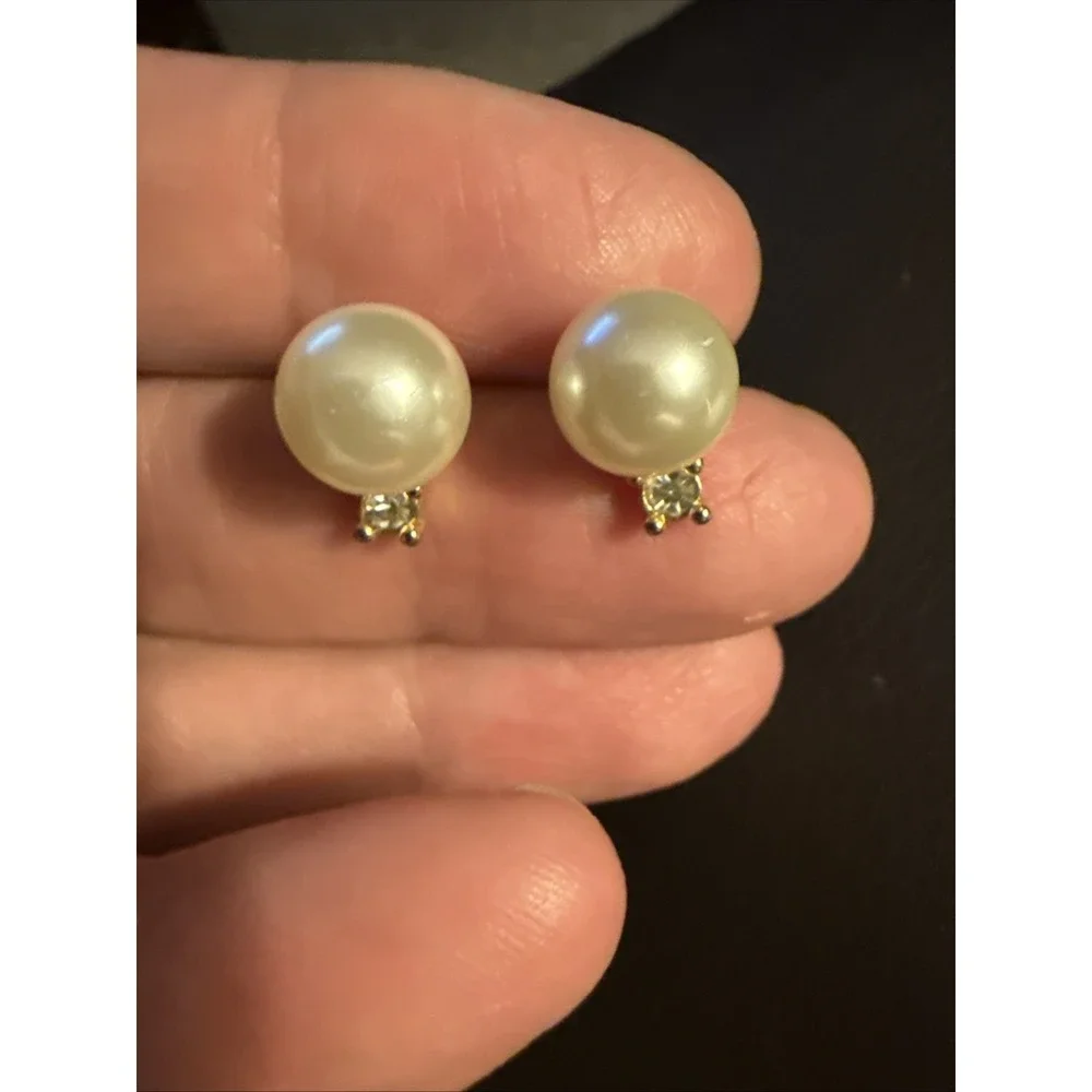 Classic Faux Pearl w/Crystal Stud POST Earrings-6